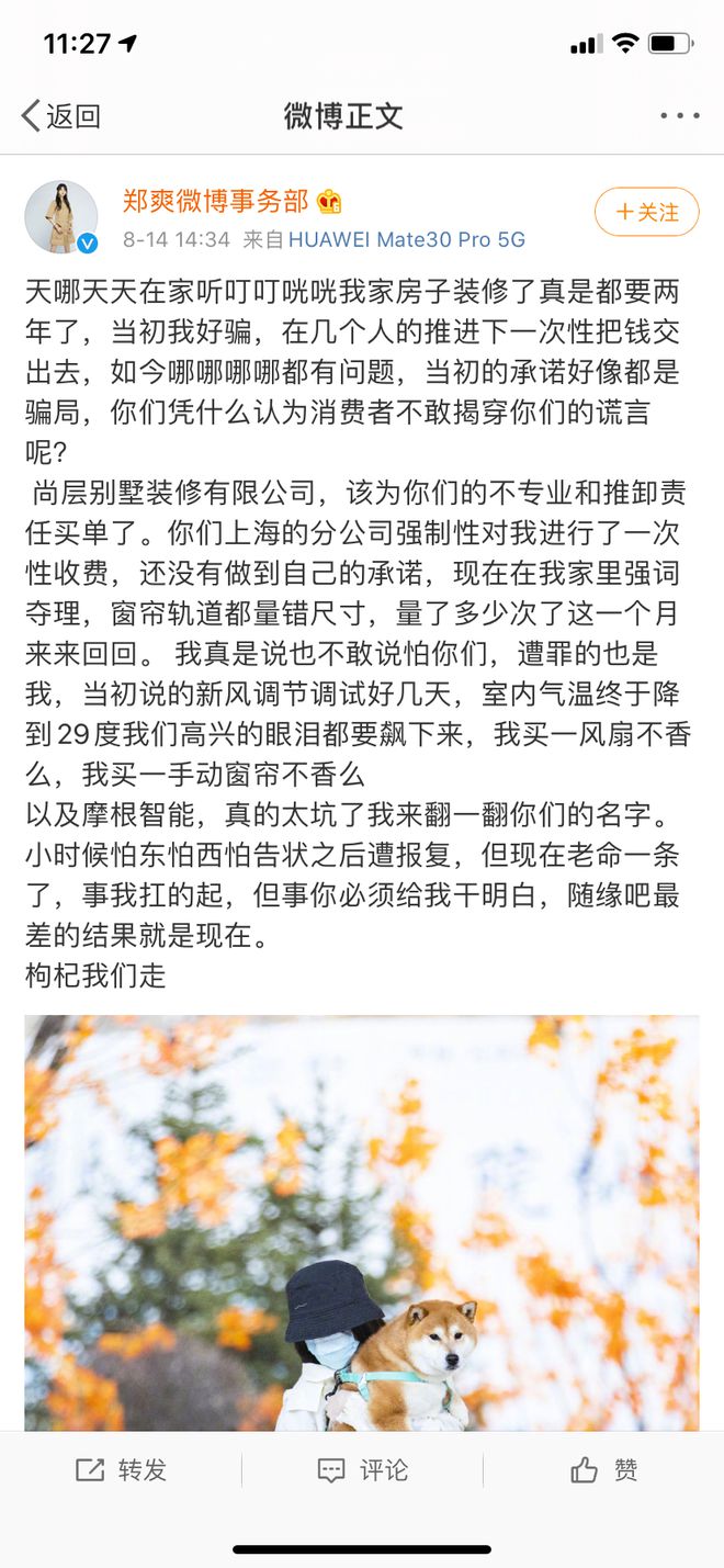 开云 开云体育平台明星郑爽“手撕”装修公司引热议 微博怒斥“某某装饰”“都是骗局”(图1)